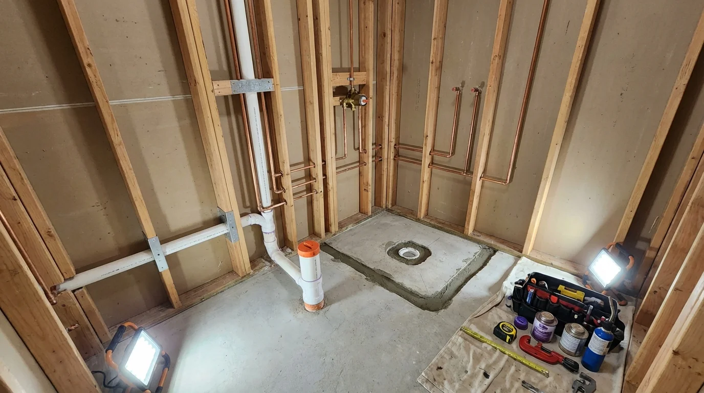 Bathroom rough-in plumbing during remodel by Johns Plumbing LLC in Nederland