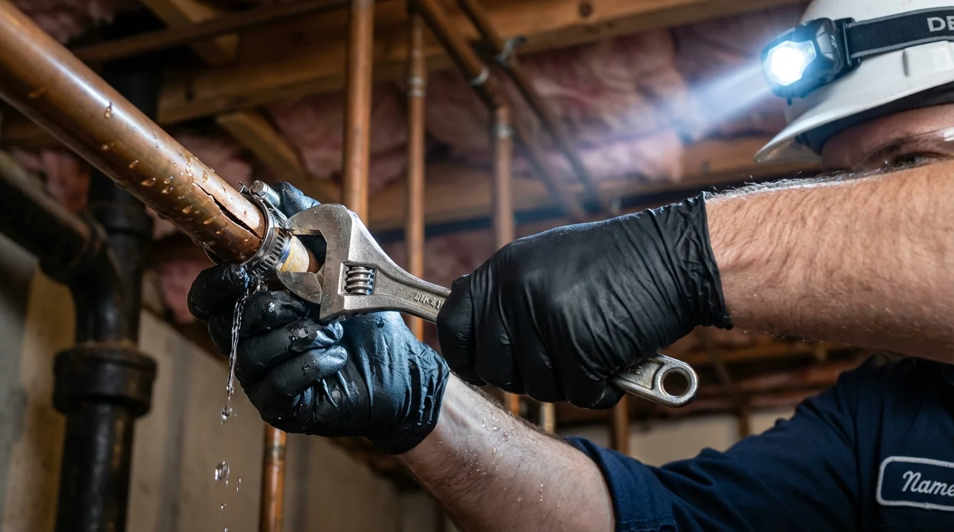Emergency pipe clamp repair being performed by a Johns Plumbing LLC plumber in Nederland